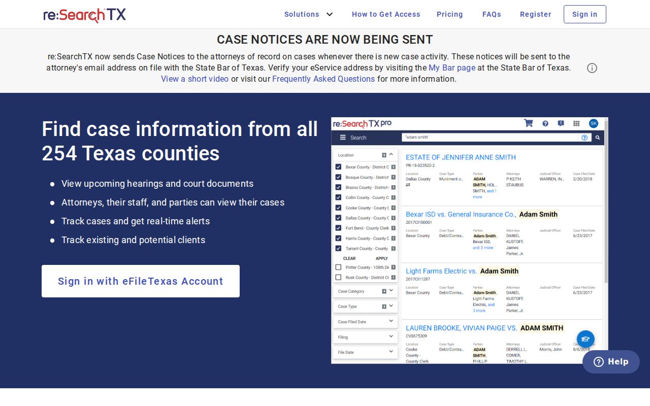 Official re:SearchTX state case-search portal access page