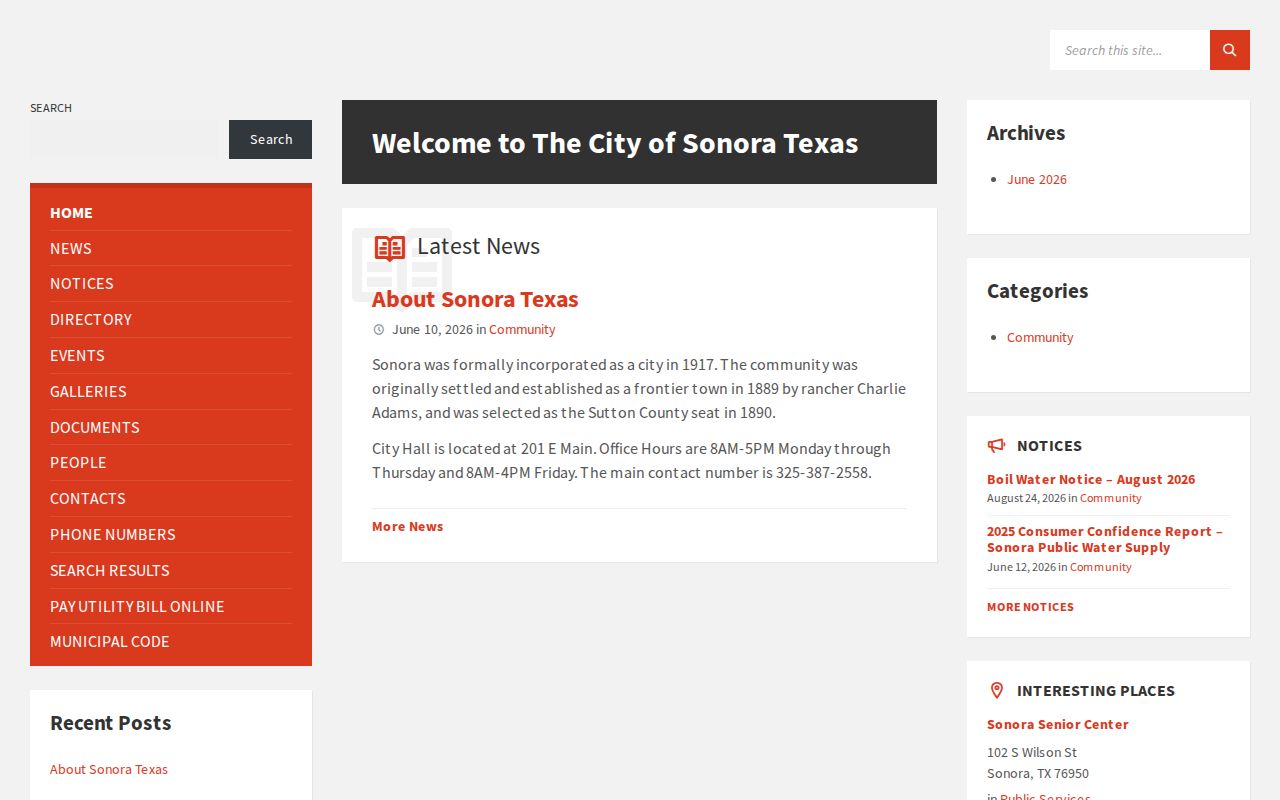 Sutton County court record source showing Sonora City Hall for municipal contact