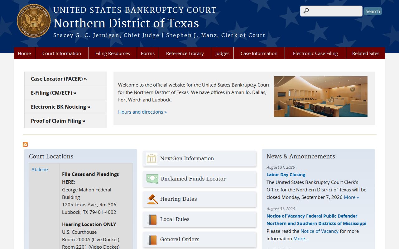 Northern District of Texas Bankruptcy Court site for San Angelo hearing information