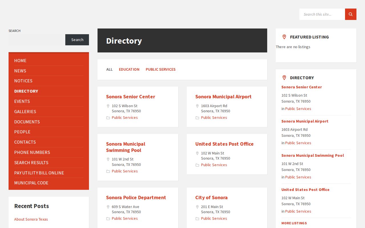 Sutton County court record source showing the Sonora City Hall departments directory