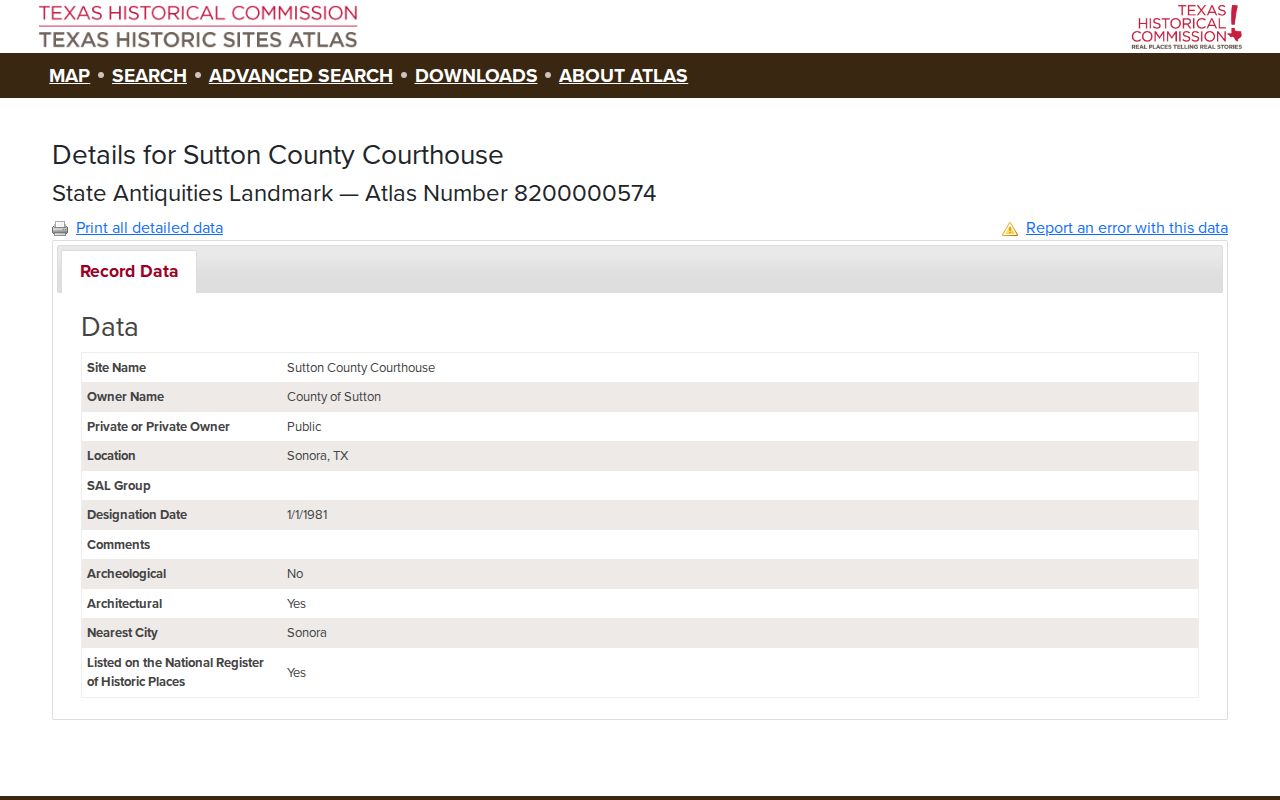 Texas Historic Sites Atlas record for Sutton County Courthouse