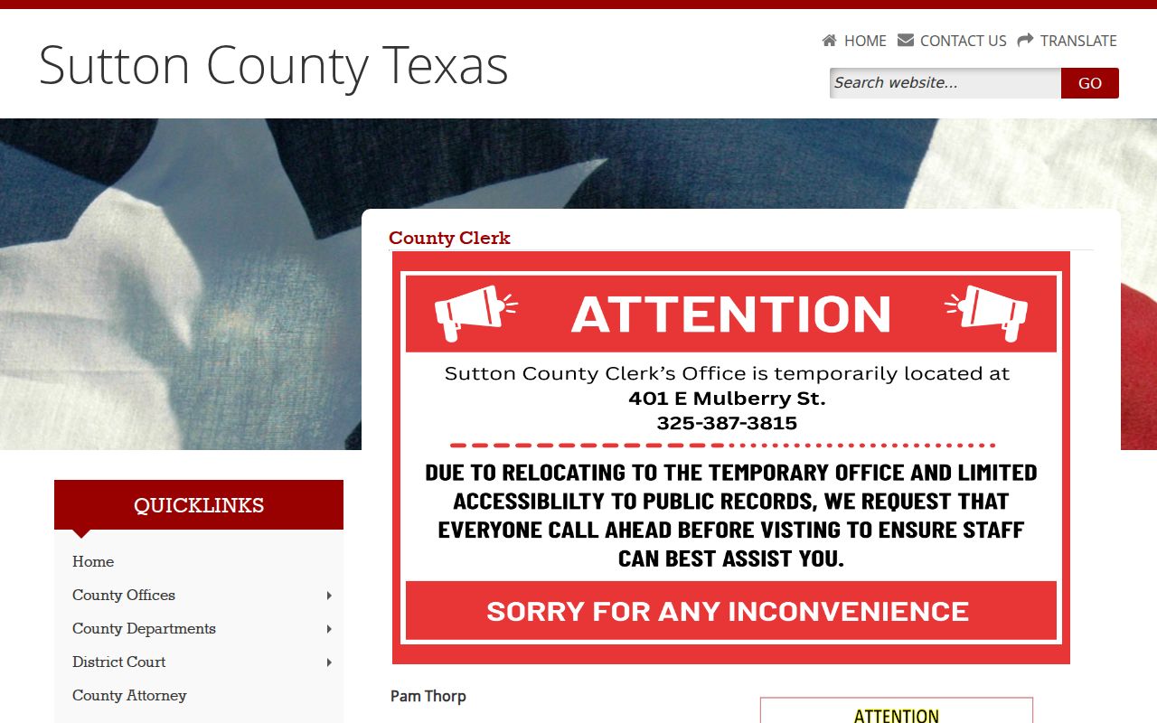 Sutton County Clerk page with County Court docket and search guidance